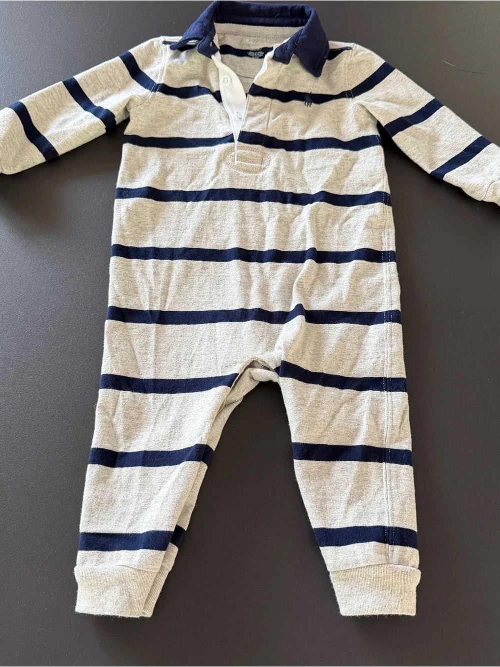 Ralph Lauren Navy & Grey Striped Polo One-Piece Romper 9 months